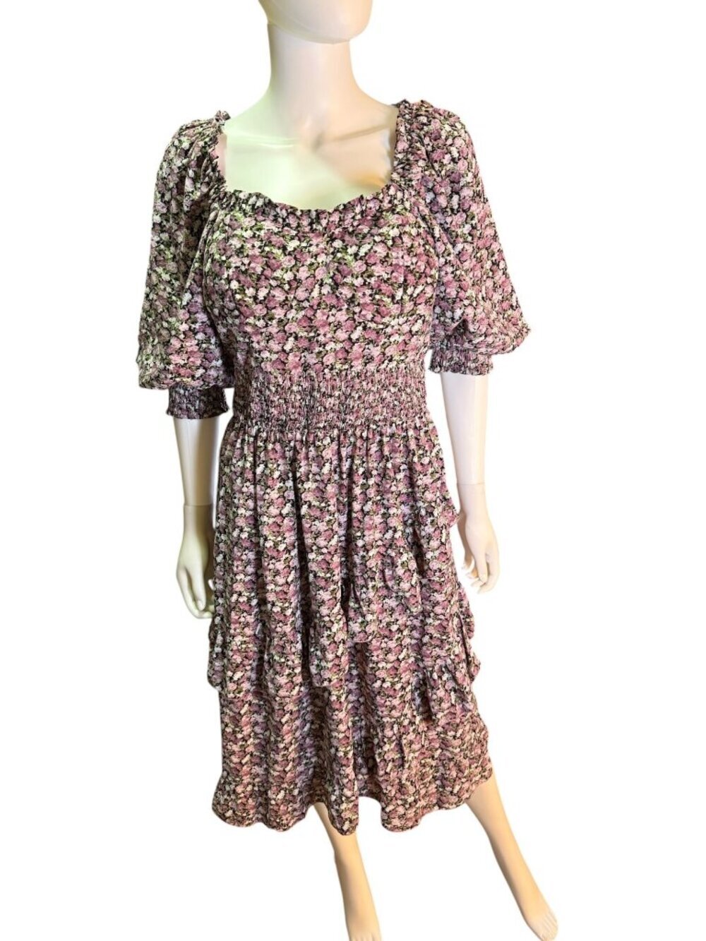 Ivy City Floral Smocked Midi Dress Puff Sleeve Square Neck Summer Size S EUC
